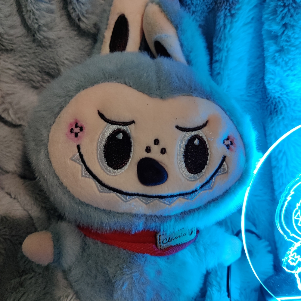 Gray Labubu Monster Plush Toy with Red Scarf